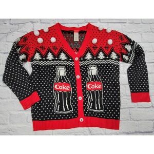 Coca Cola‎ Soda Christmas Cardigan Sweater Polar Bears Ugly Party Pom Poms Large